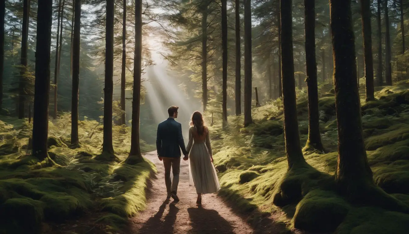 Una sposa e uno sposo camminano attraverso una foresta muschiosa.