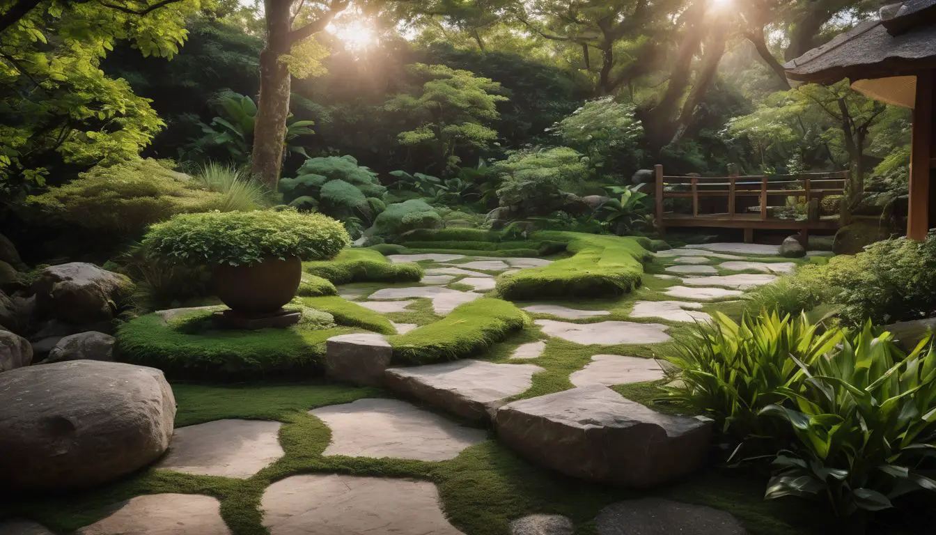 Un giardino giapponese con pietre ed erba.