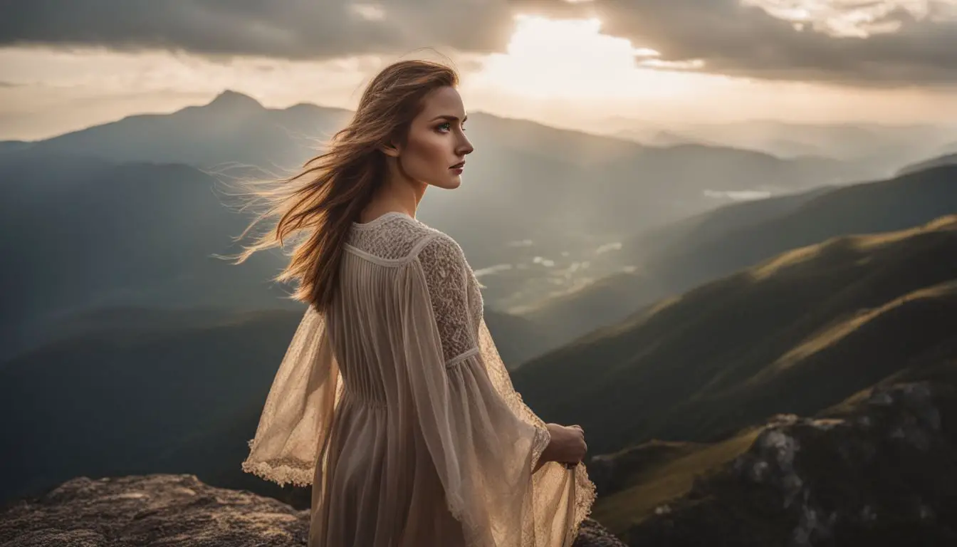 Una donna con un abito lungo in piedi sulla cima di una montagna al tramonto.