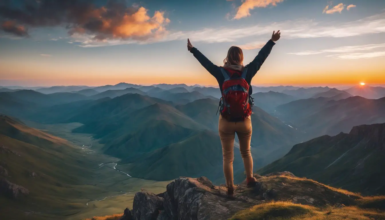 Una donna è in piedi sulla cima di una montagna con le braccia alzate.