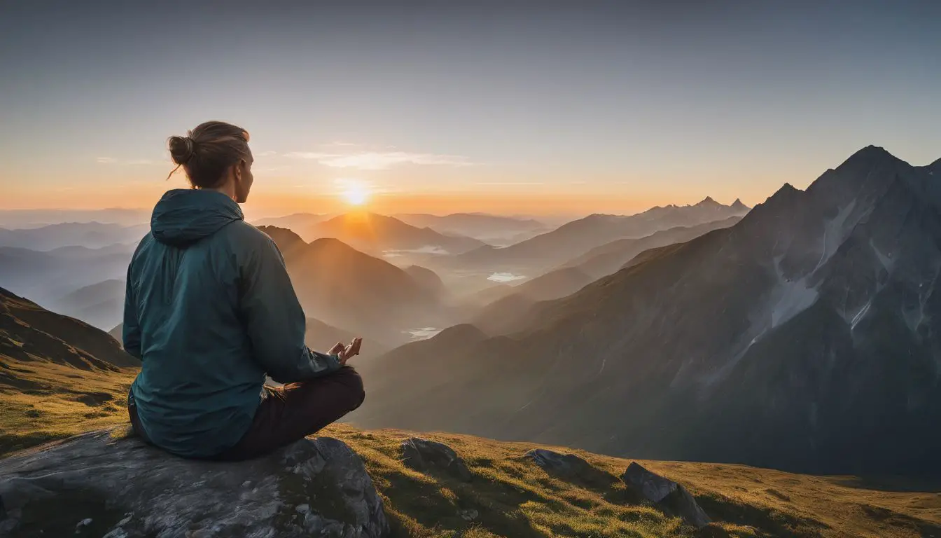 Una donna medita sulla cima di una montagna al tramonto.