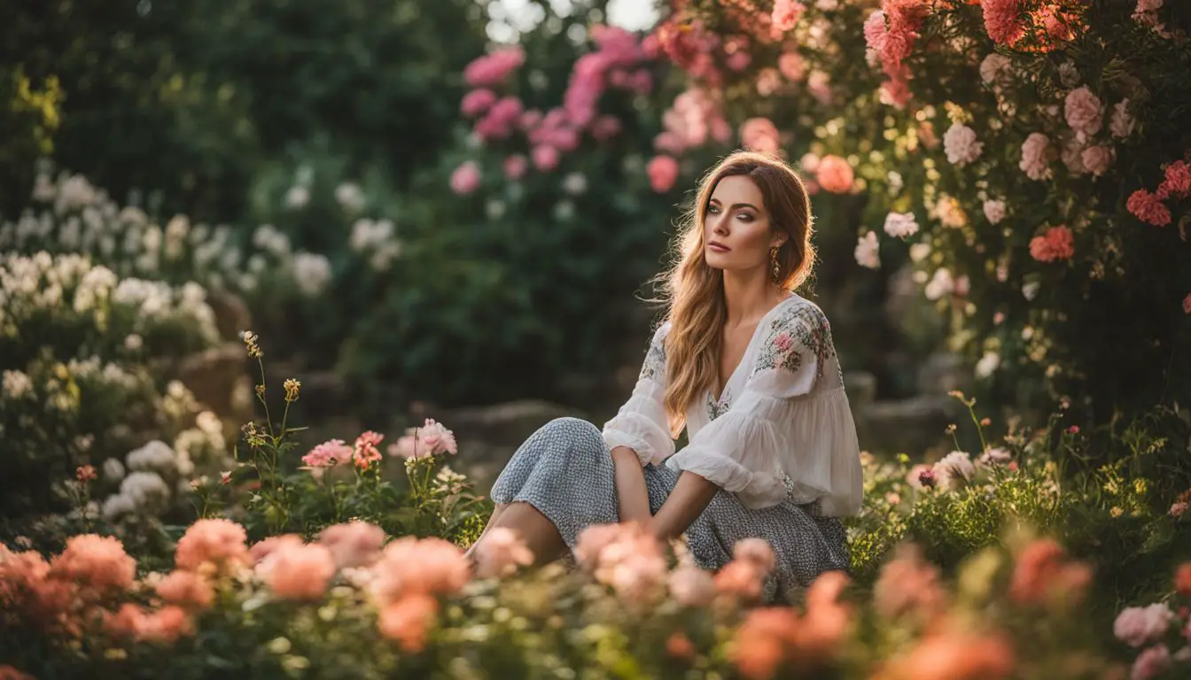 Una donna seduta in un giardino con fiori.