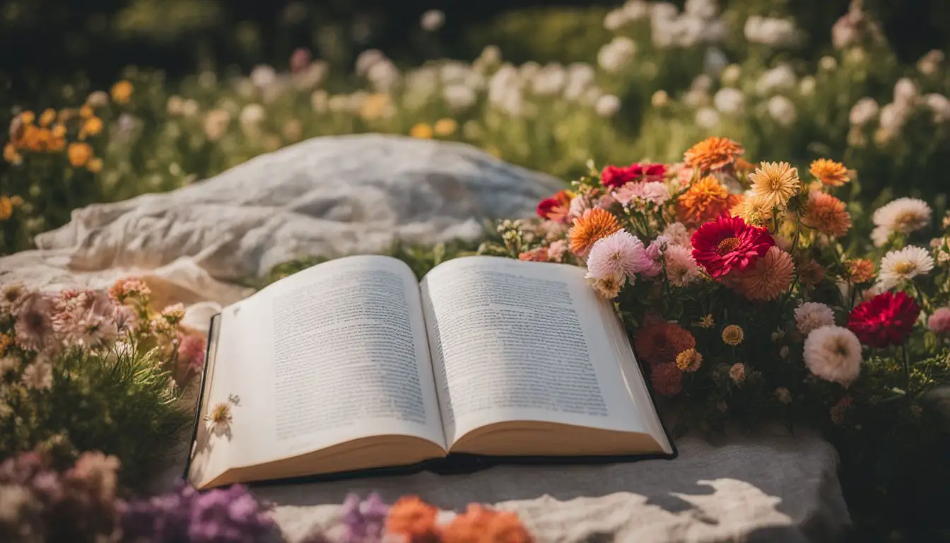 Un libro aperto seduto su una coperta in un campo di fiori.