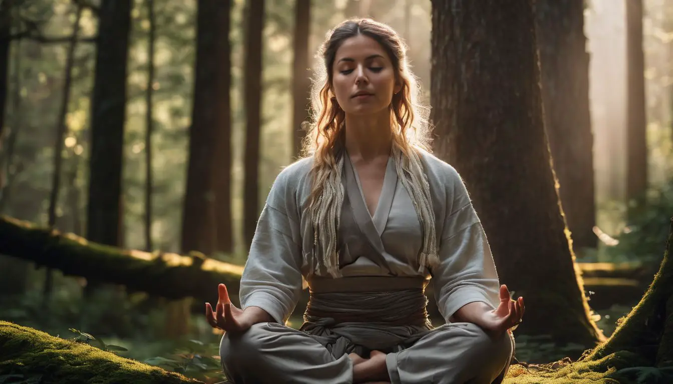 Una donna che medita nel bosco.