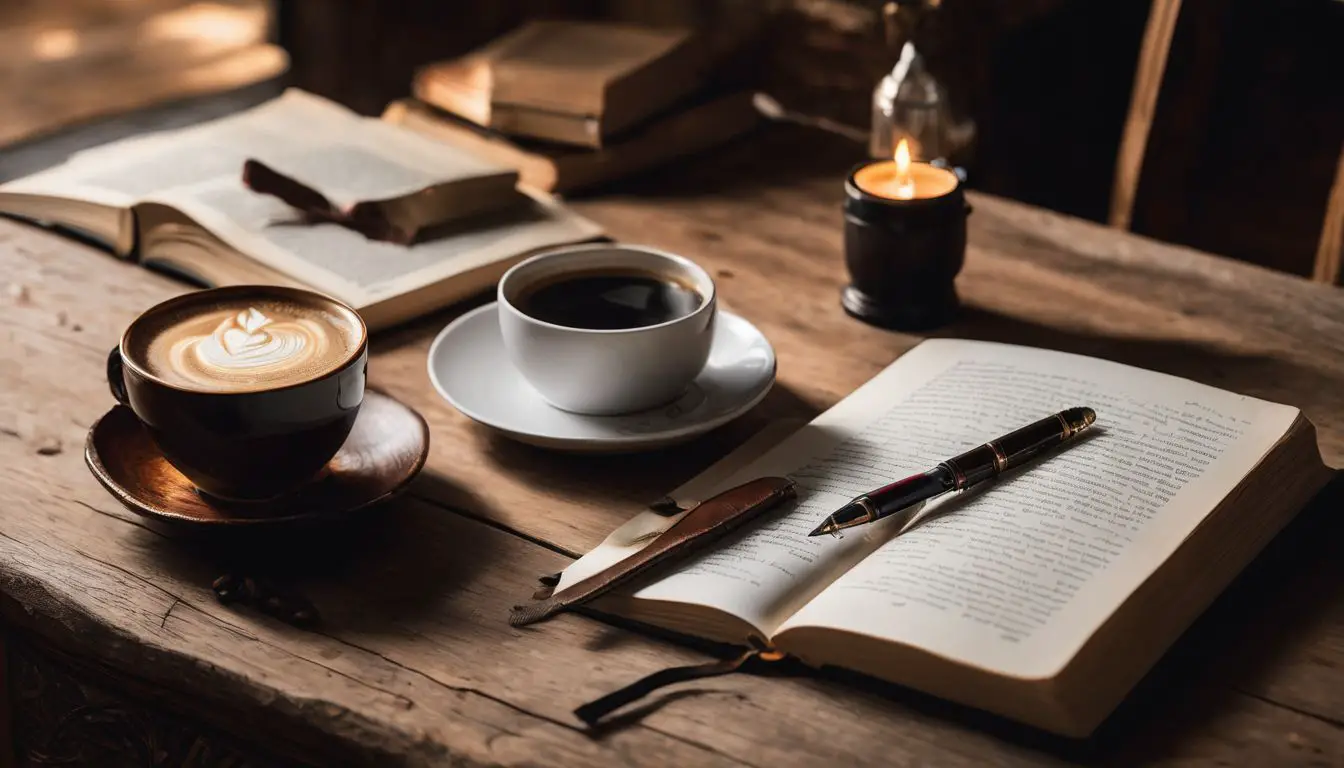 Una tazza di caffè e una penna su un libro.