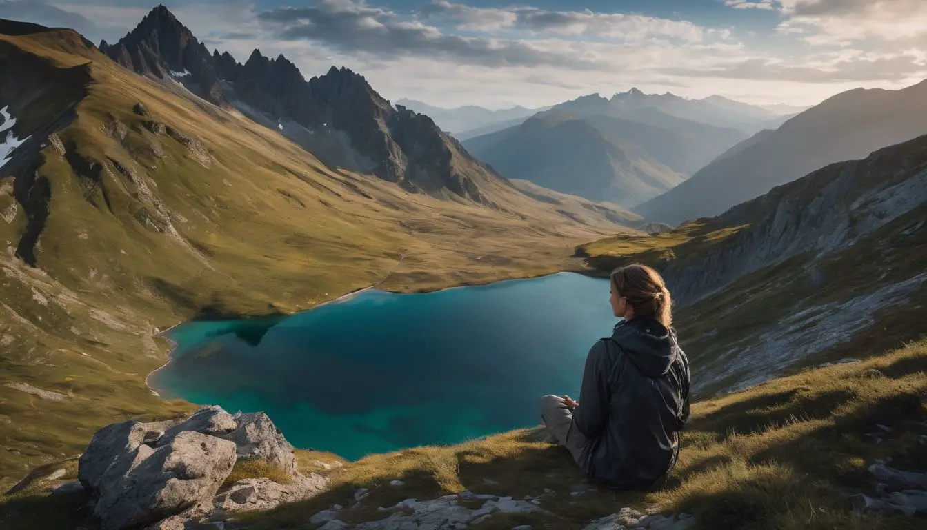 Una donna siede sul bordo di una montagna che domina un lago.