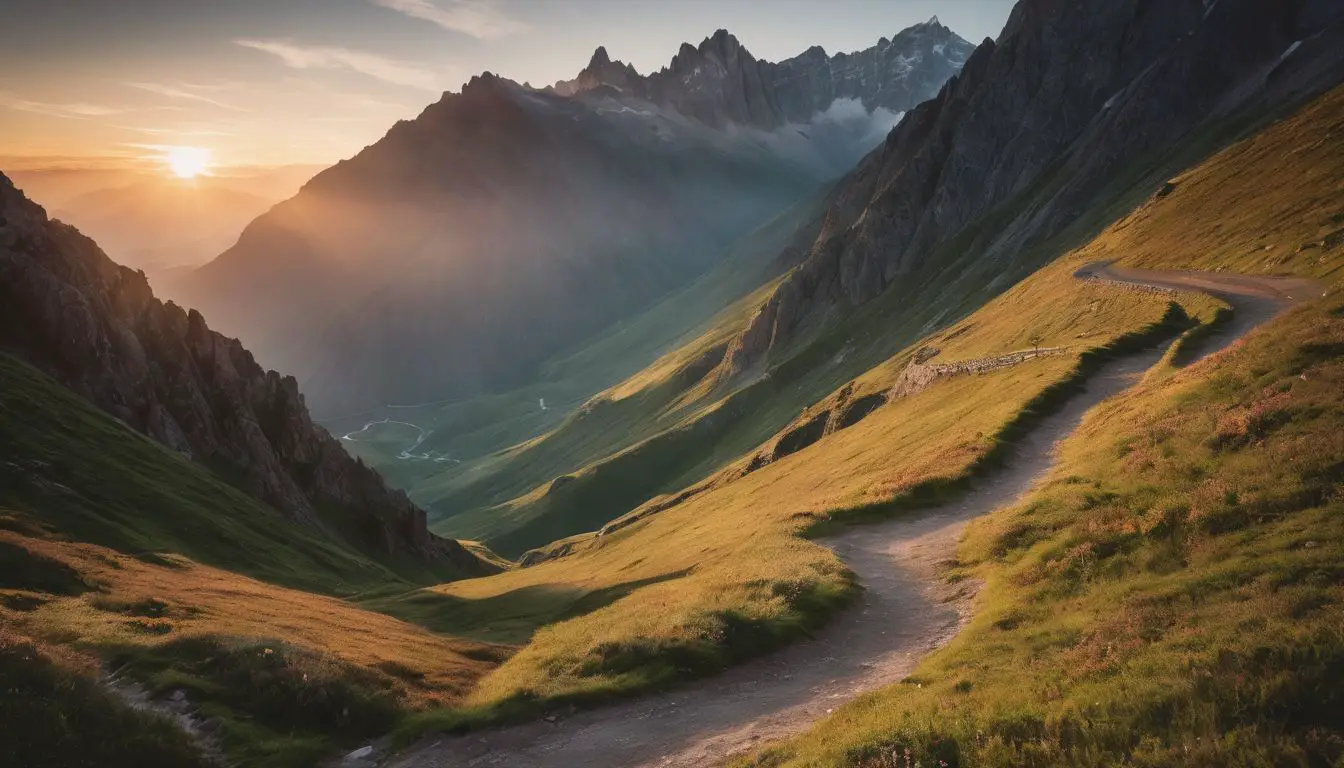 Un sentiero in montagna con il sole che tramonta alle spalle.