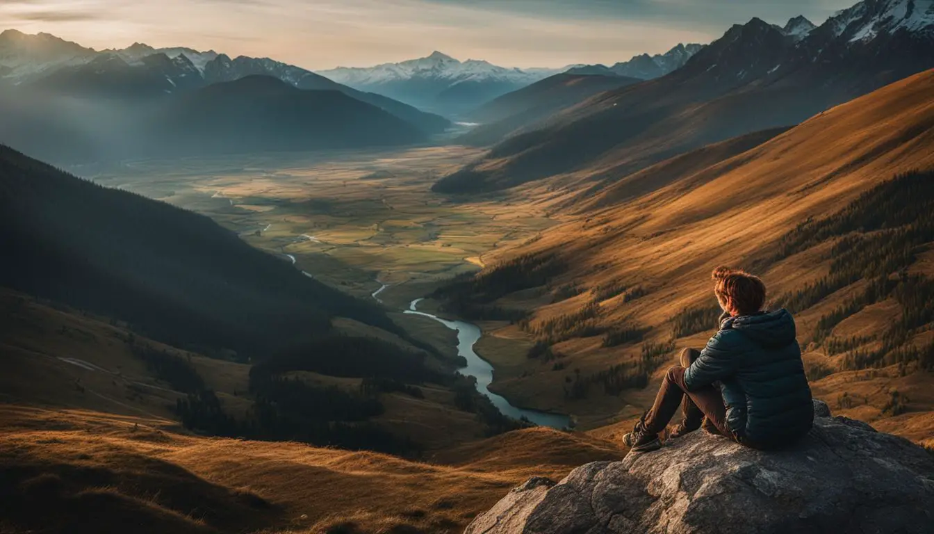 Un uomo seduto sulla cima di una montagna che domina una valle.
