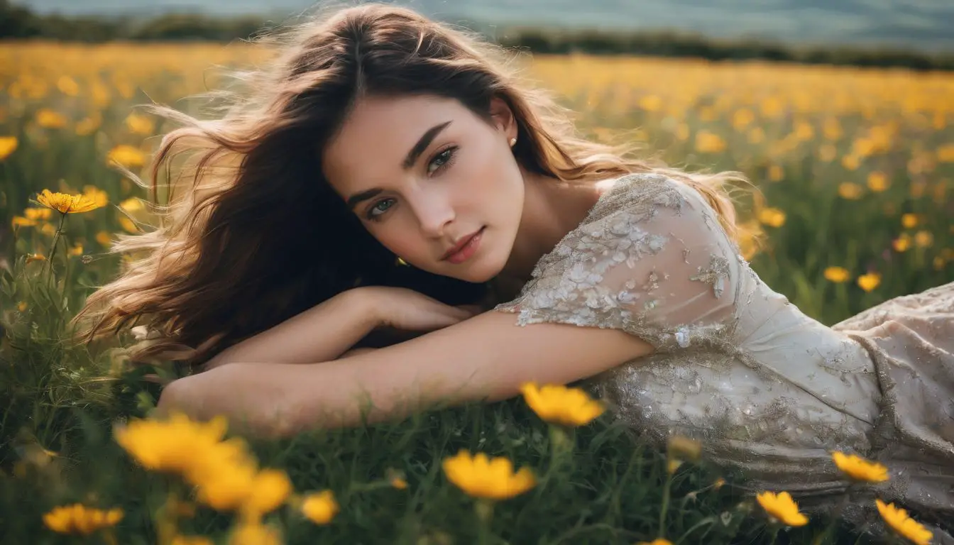 Una bella donna sdraiata in un campo di fiori gialli.