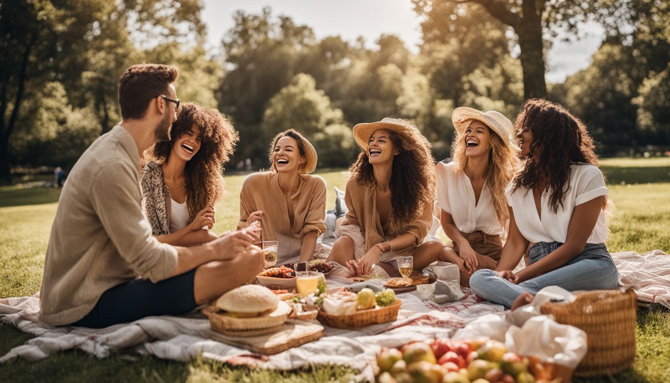 Un gruppo di amici fa un picnic nel parco.