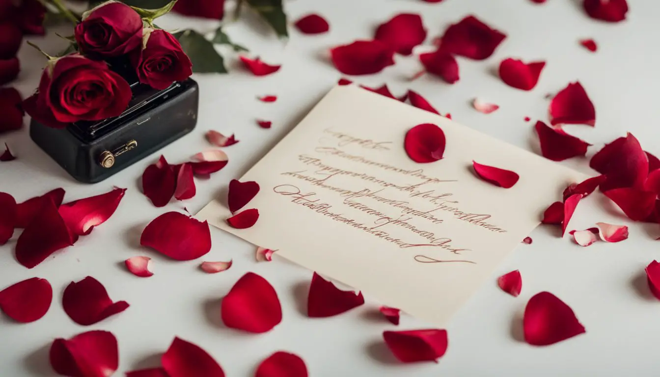 Carta di San Valentino con rose rosse su un tavolo bianco.