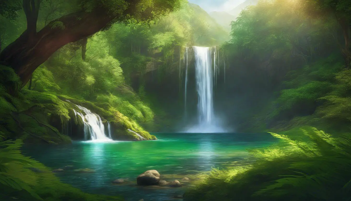 Un dipinto di una cascata in una lussureggiante foresta verde.