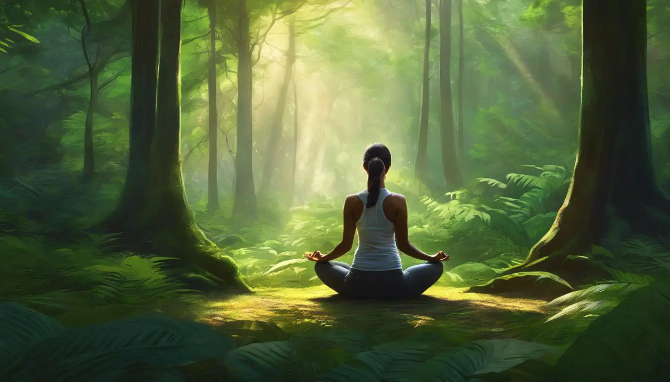 Una donna sta meditando nella foresta.