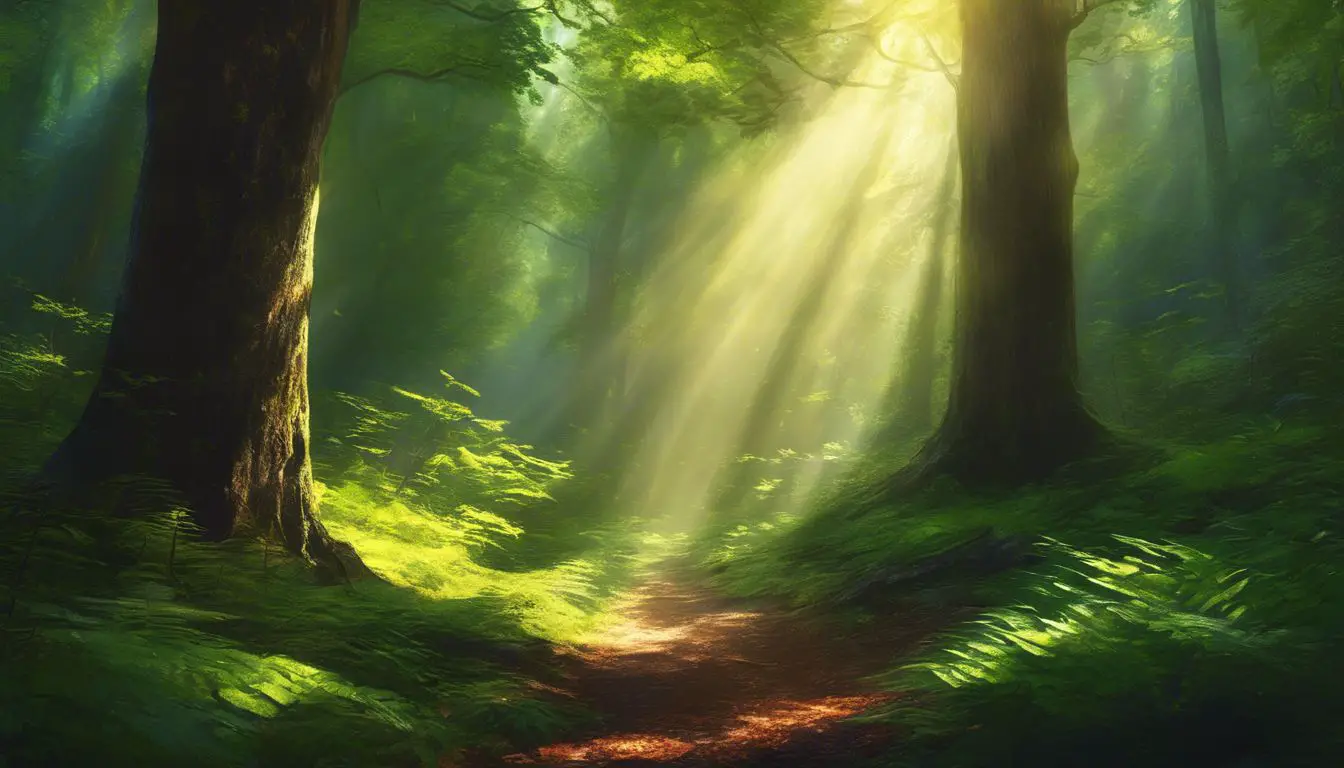 Un dipinto di una foresta con la luce del sole che splende attraverso gli alberi.