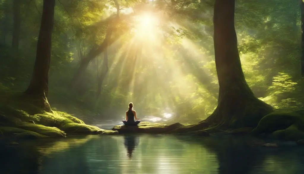 Una donna sta meditando in una foresta con la luce del sole che splende attraverso gli alberi.