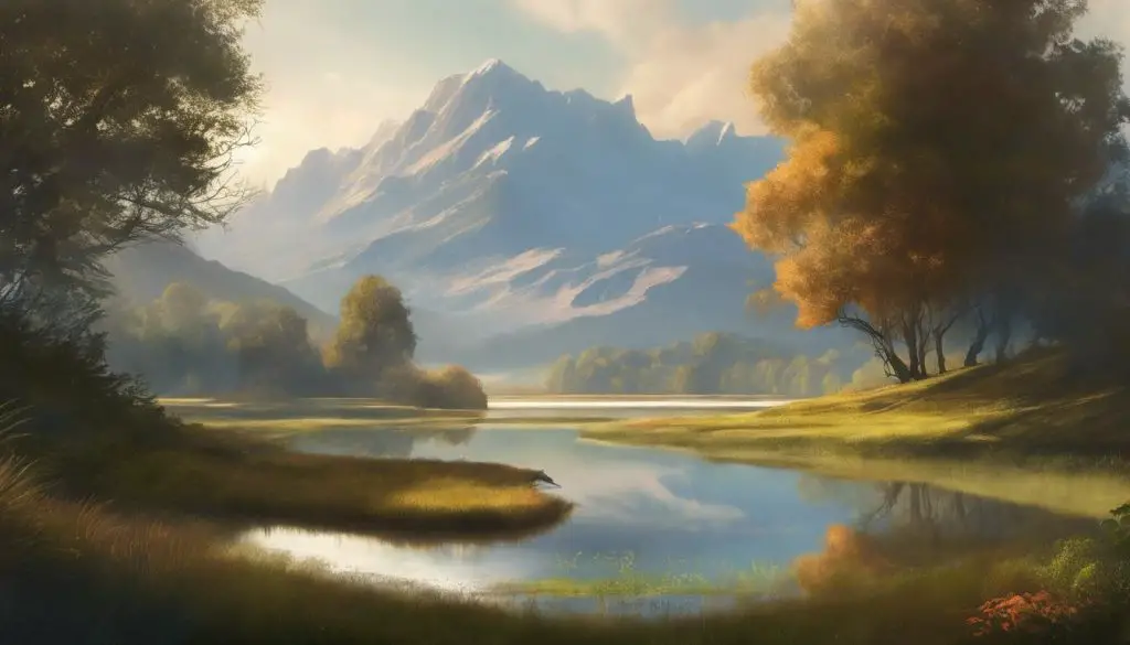 Un dipinto di un lago e montagne.