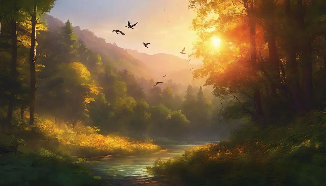 Un dipinto di un fiume su cui volano gli uccelli.