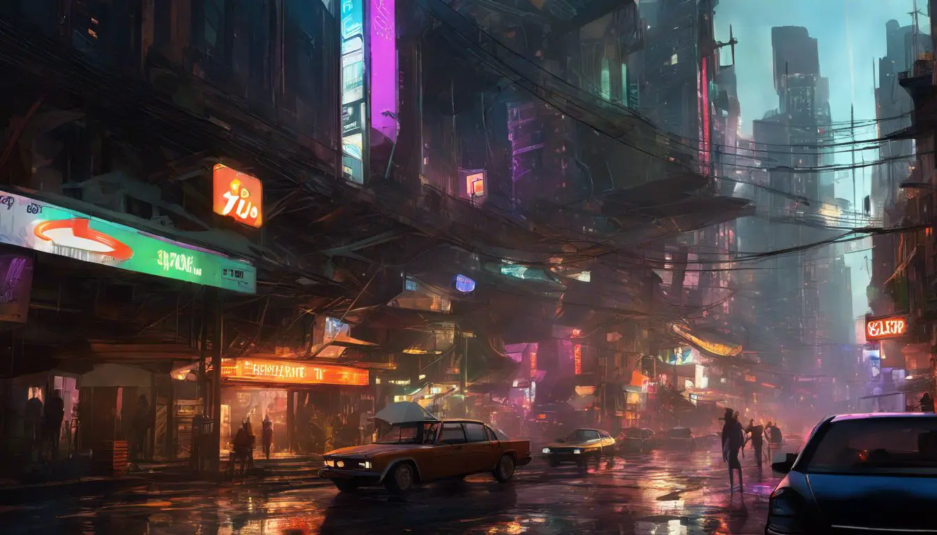 Una città futuristica con auto e luci al neon.