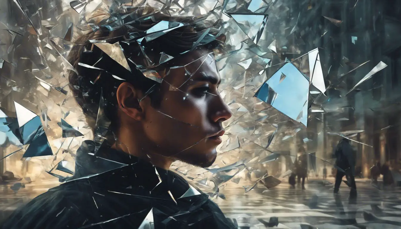 L'immagine di un uomo con un vetro rotto davanti a sé.