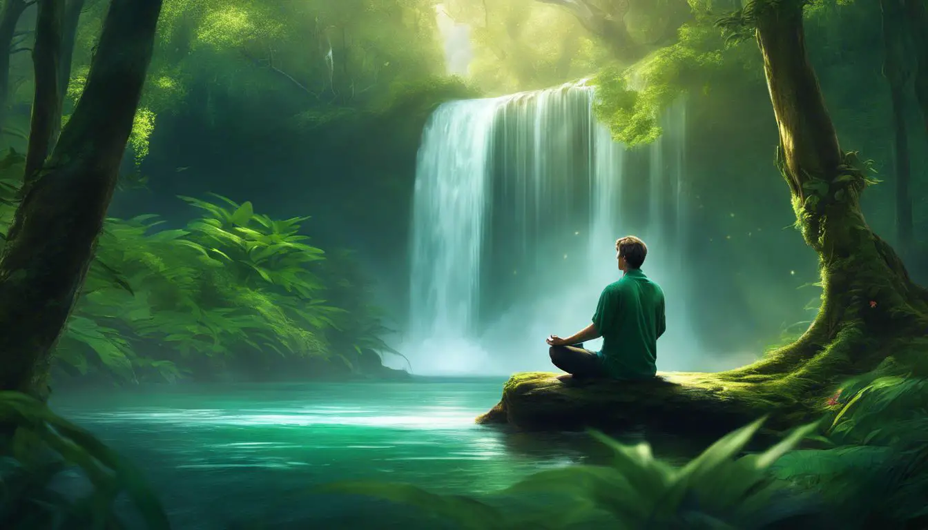 Un uomo che medita davanti ad una cascata nella giungla.