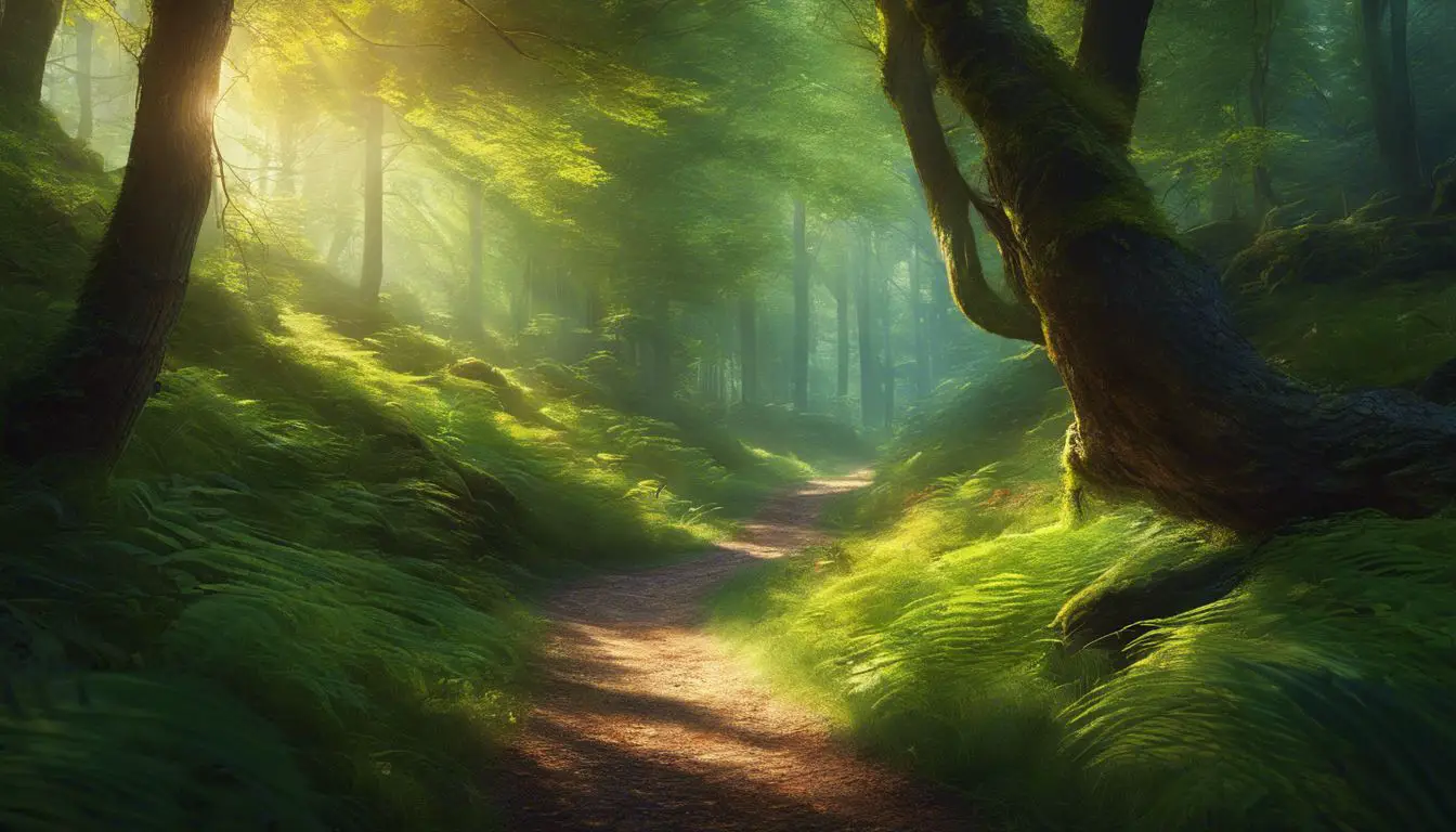 Un percorso attraverso una lussureggiante foresta verde.