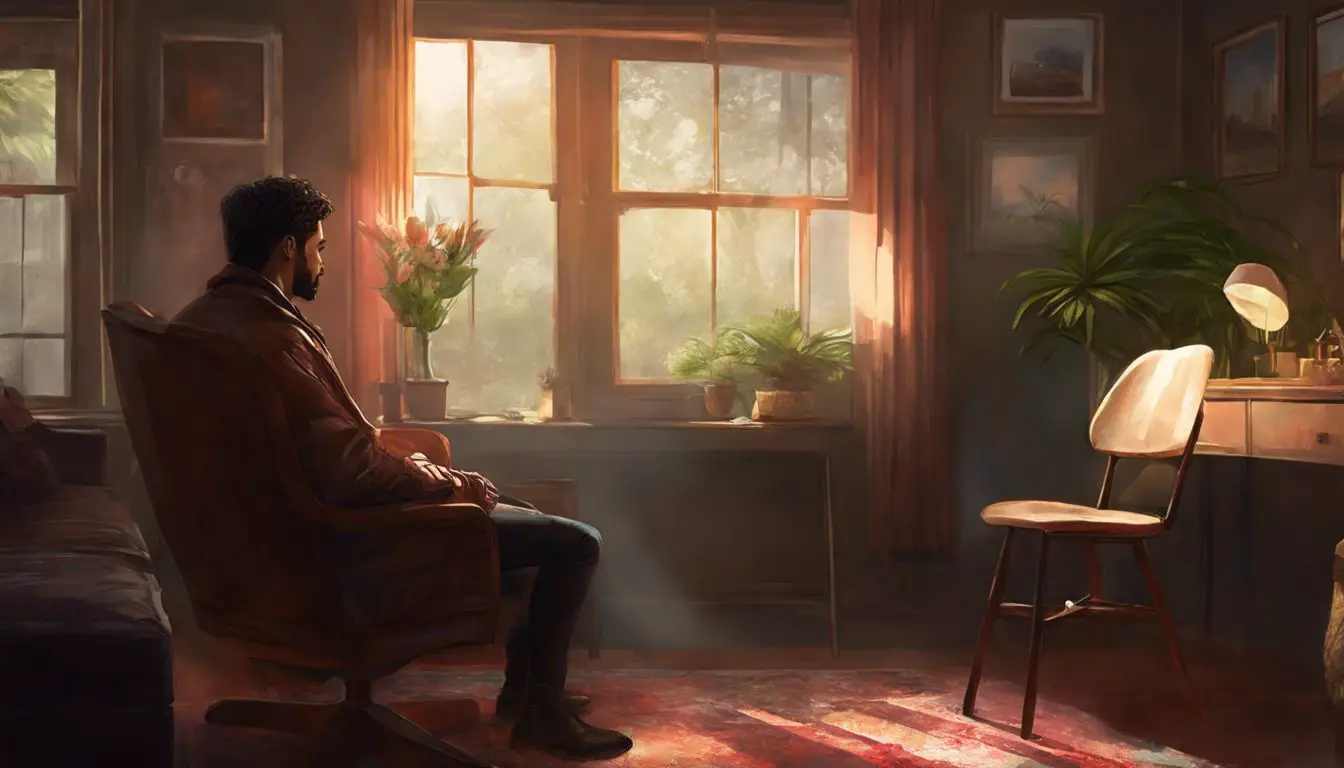 Un dipinto di un uomo seduto su una sedia davanti a una finestra.