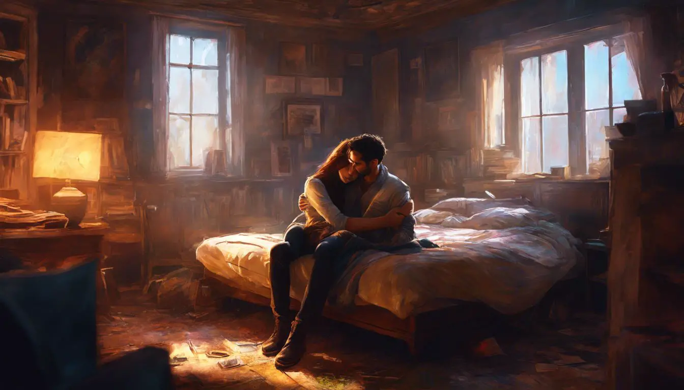 Un dipinto di una donna seduta su un letto in una stanza buia.