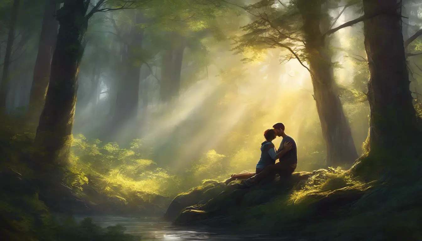 Un dipinto di una coppia che si bacia nel bosco.