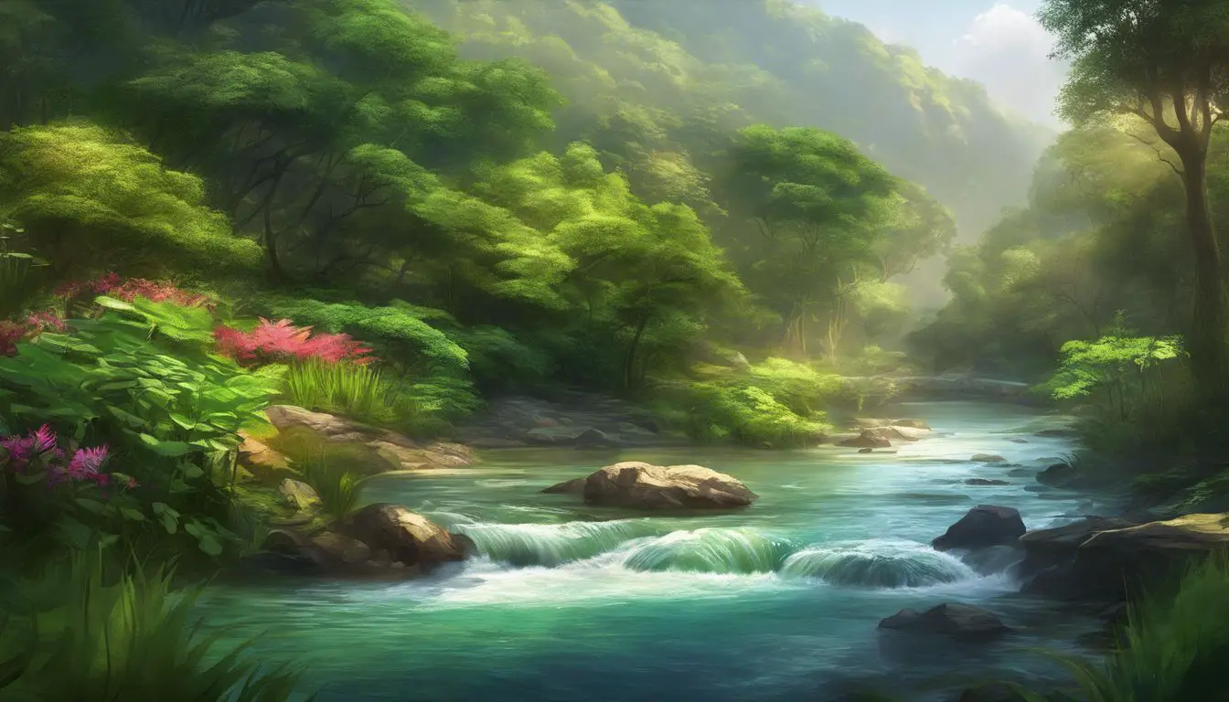 Un dipinto di un fiume in una foresta verde lussureggiante.