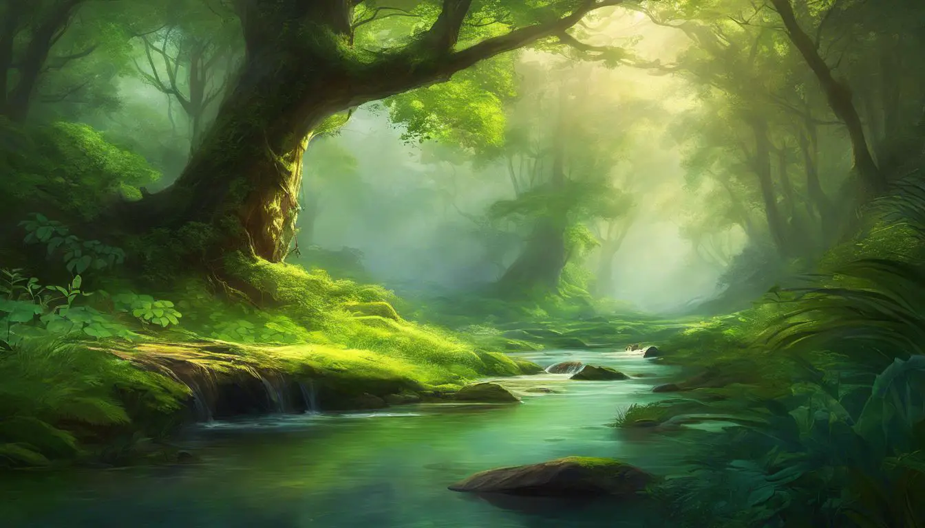 Un dipinto di una foresta attraversata da un ruscello.