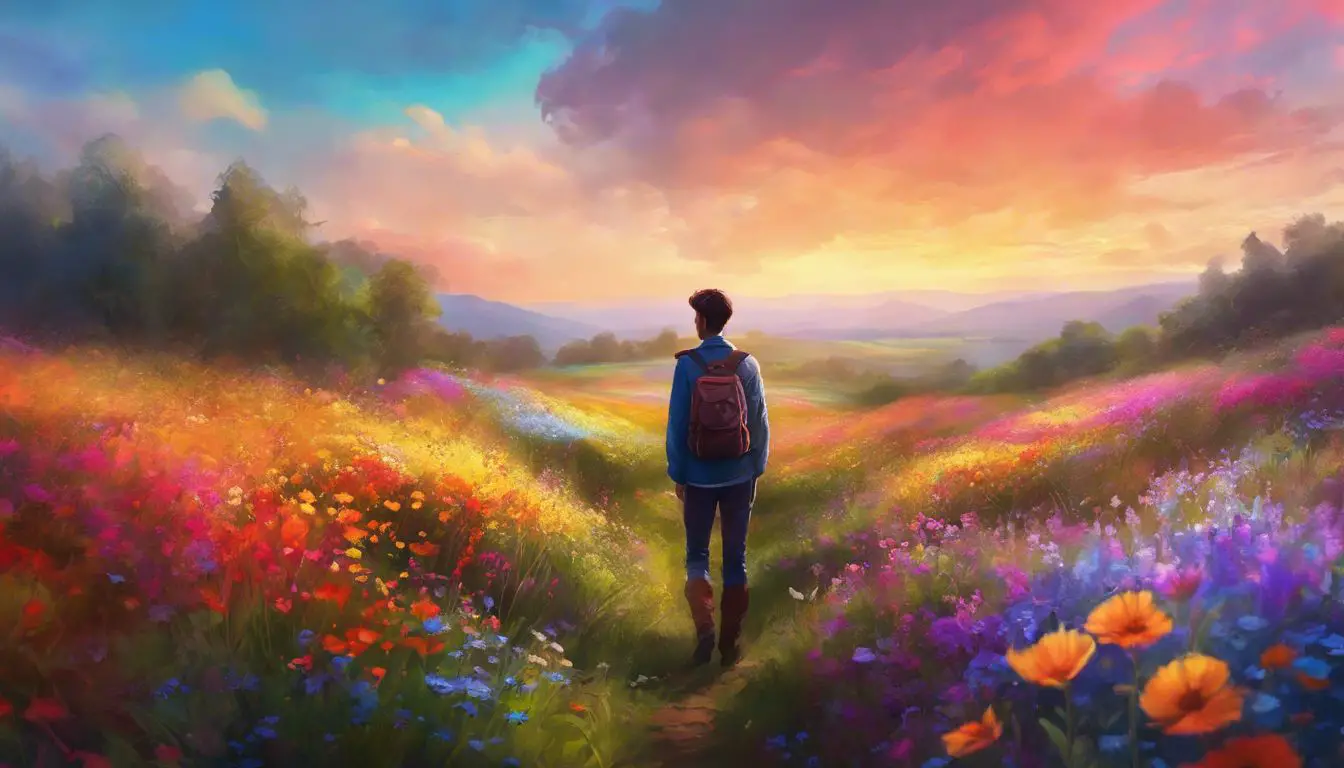 Un dipinto di una persona che cammina in un campo di fiori.