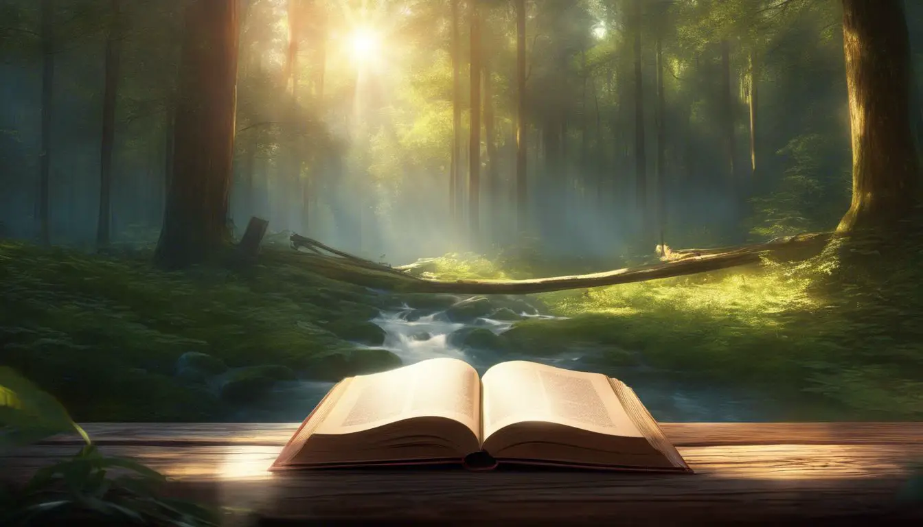 Un libro aperto su un tavolo di legno in una foresta.