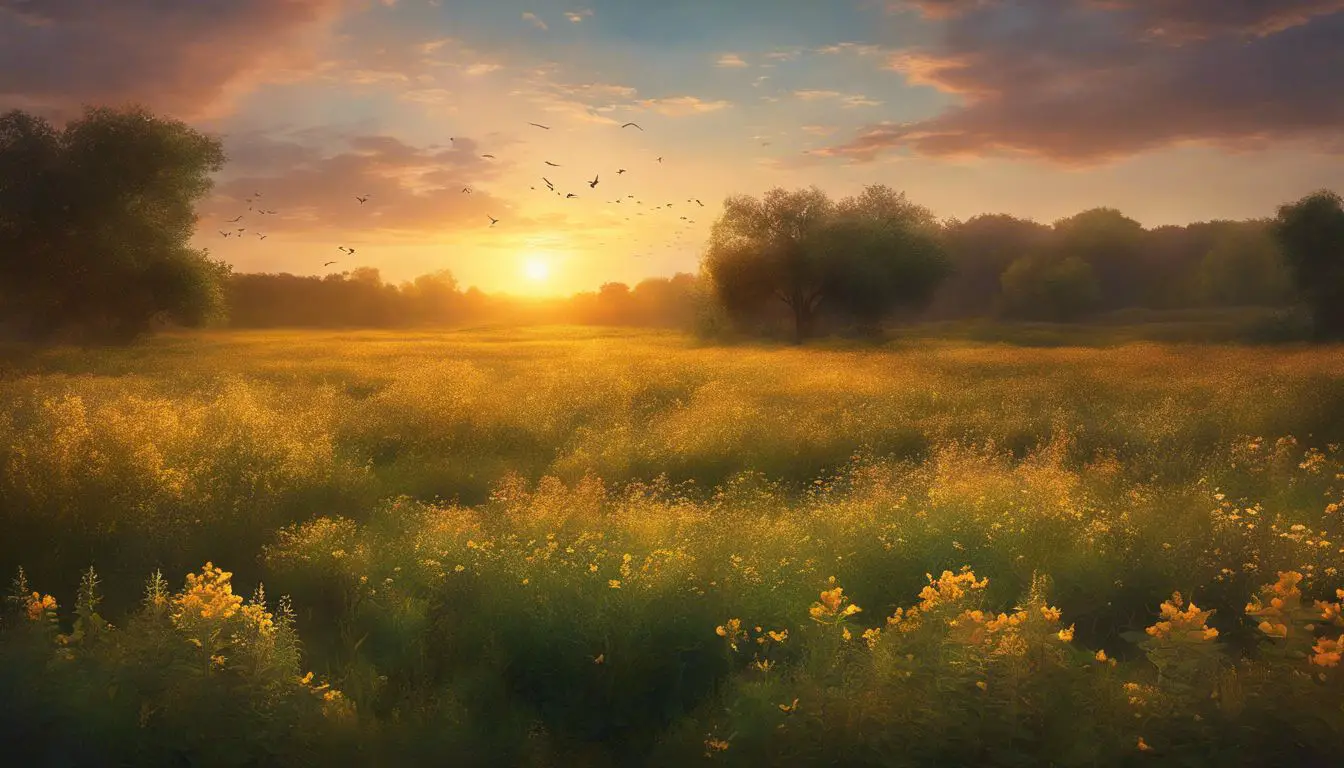 Un dipinto di un campo con fiori gialli e uccelli.