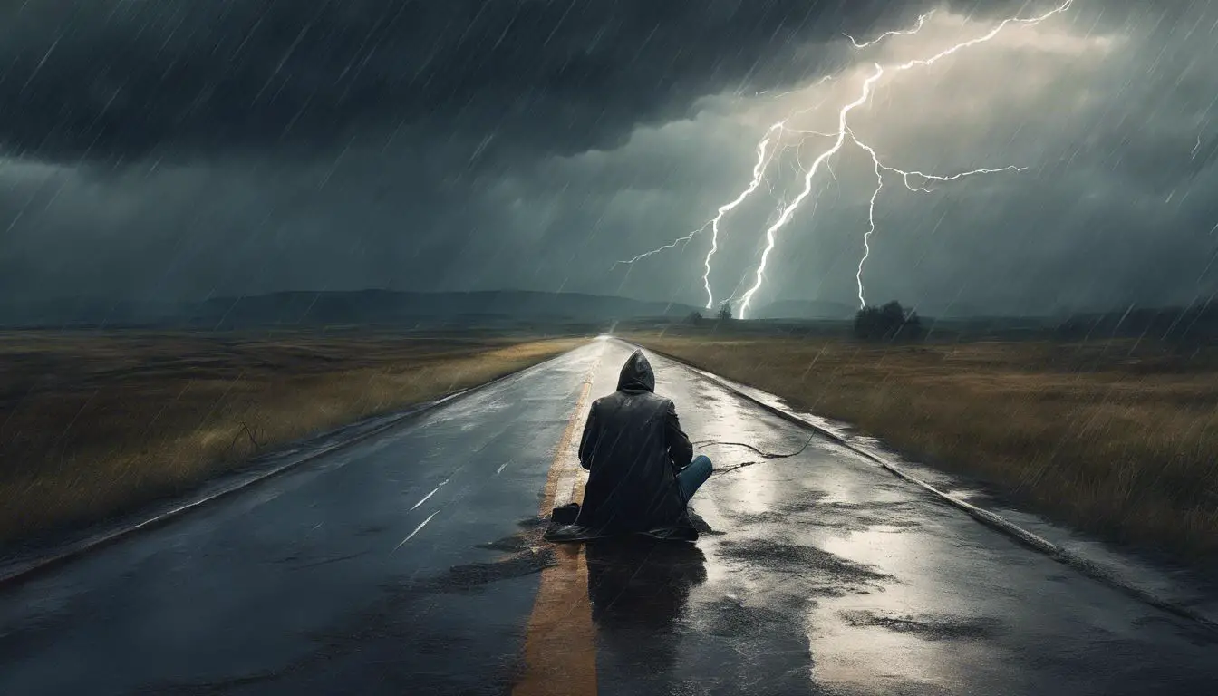 Un uomo seduto su una strada con un fulmine nel cielo.