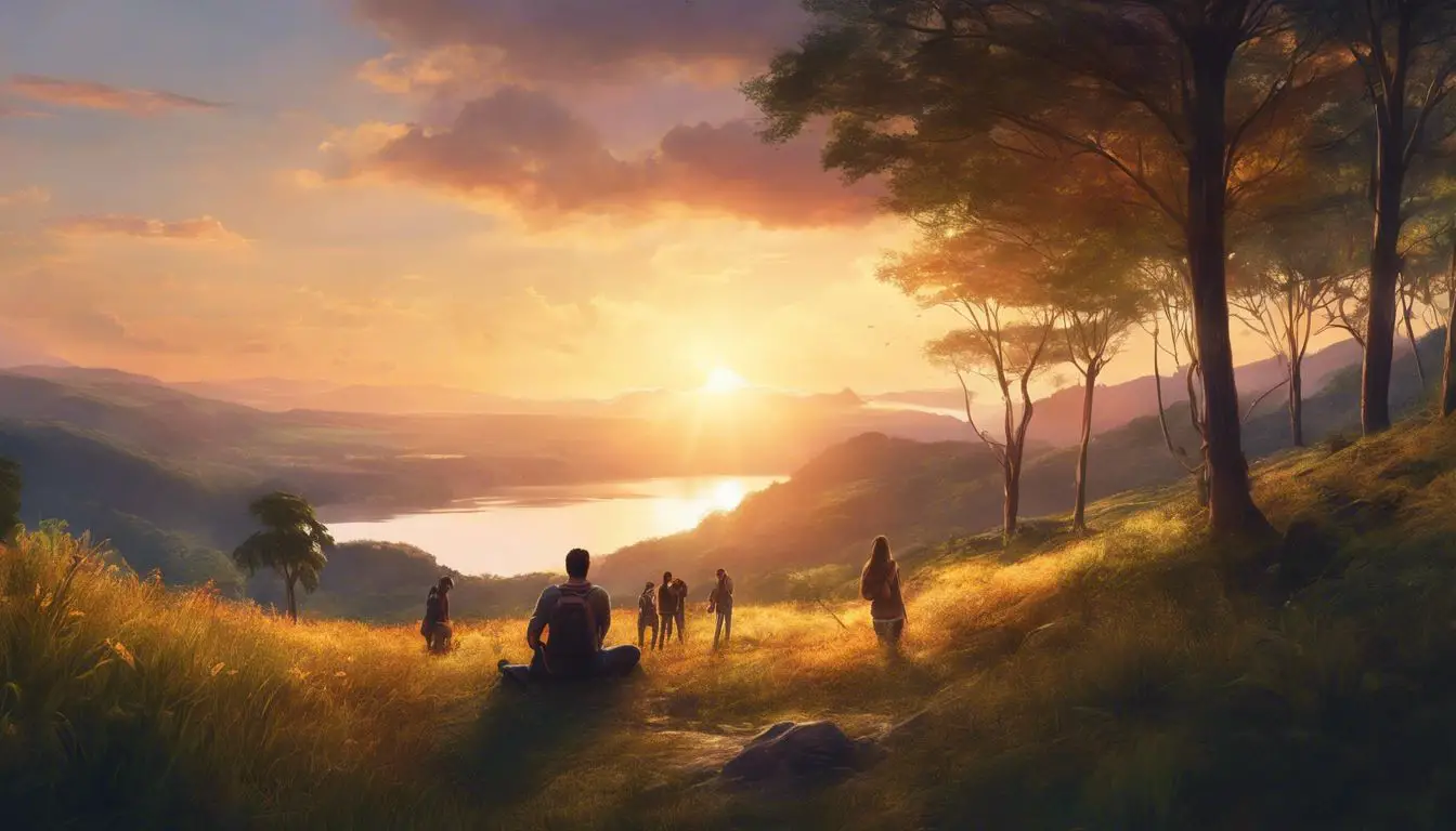 Un dipinto di persone sedute su una collina che domina un lago.