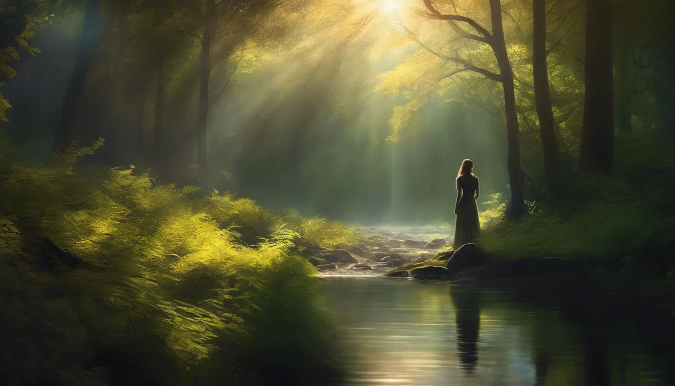 Una donna è in piedi accanto a un fiume in una foresta.