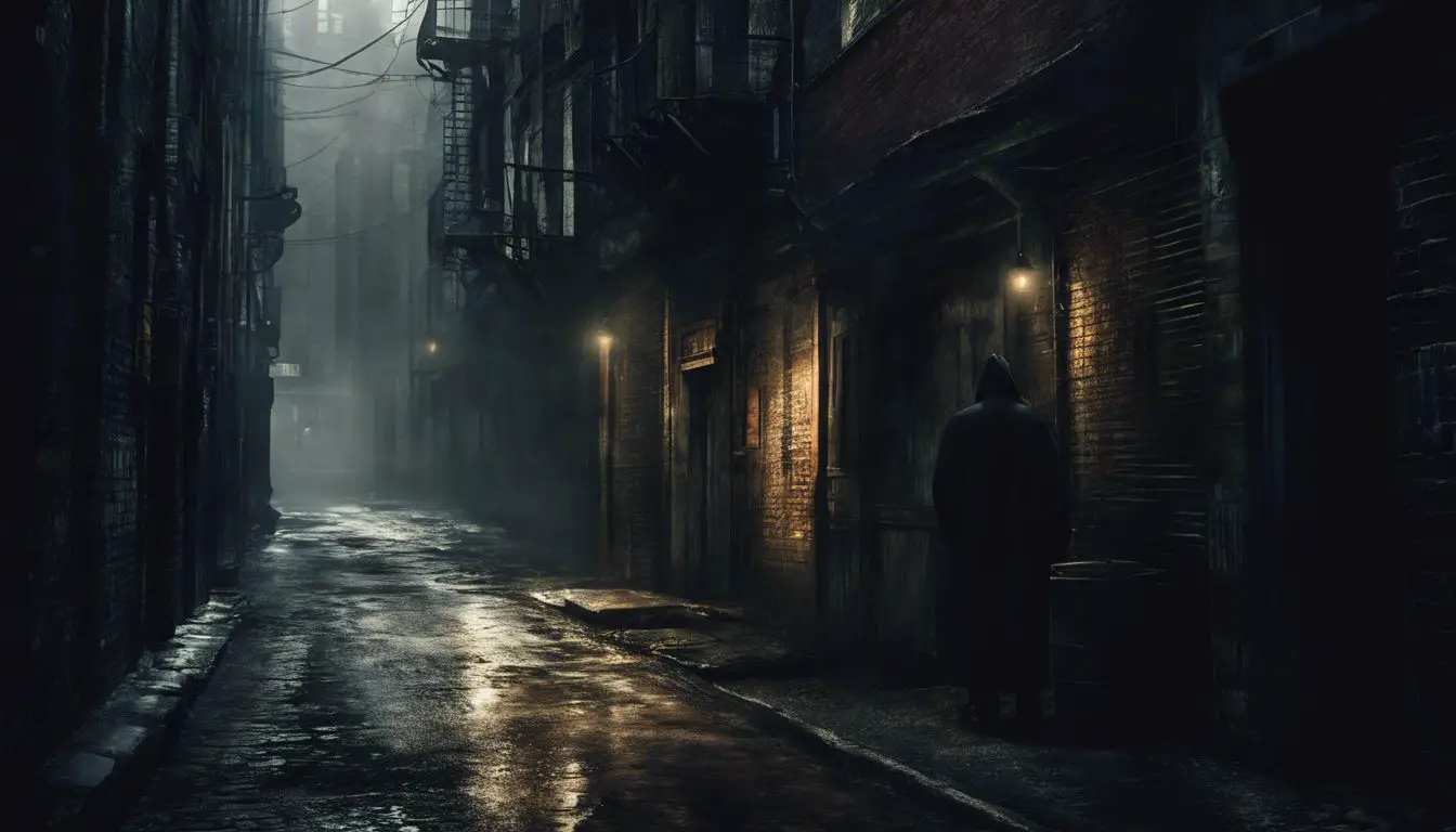 Un uomo cammina in un vicolo buio.