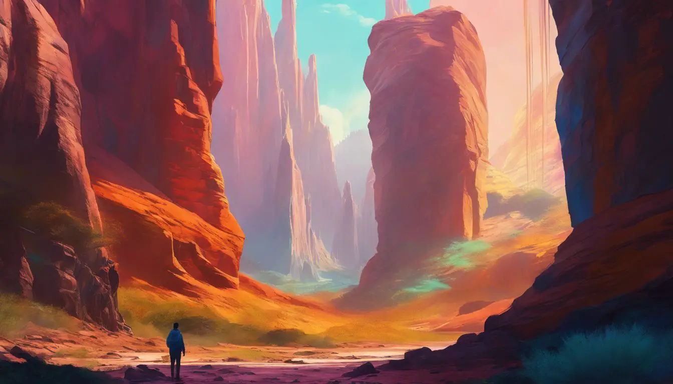 Un dipinto di un canyon con una persona in piedi al suo interno.