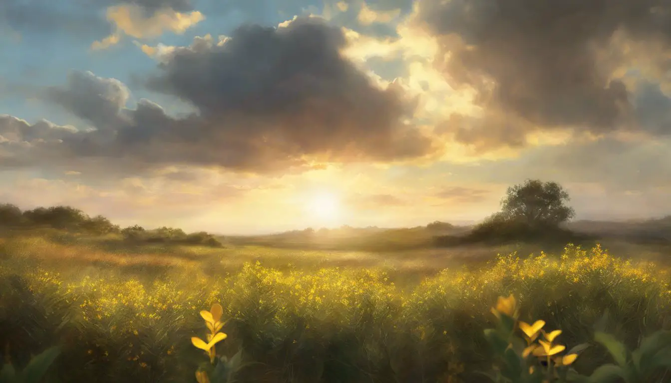 Un dipinto di un campo con fiori gialli e nuvole.