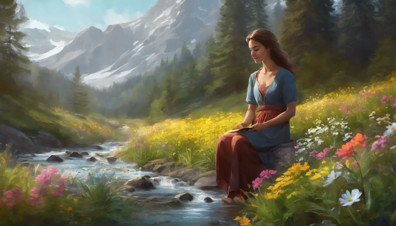Un dipinto di una donna seduta vicino a un ruscello in montagna.