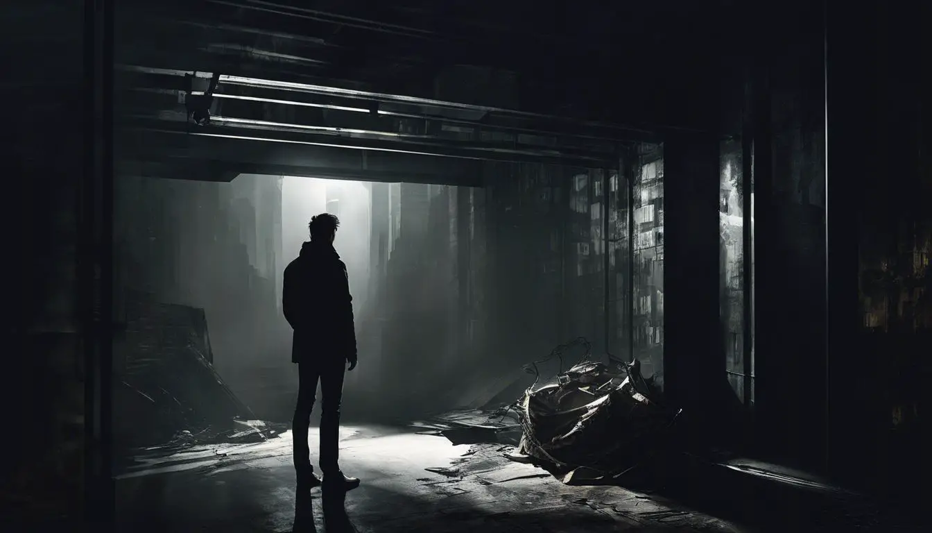 Un uomo è in piedi in un corridoio buio.