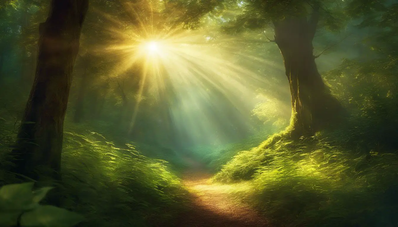 Un percorso attraverso una foresta con la luce del sole che splende attraverso gli alberi.
