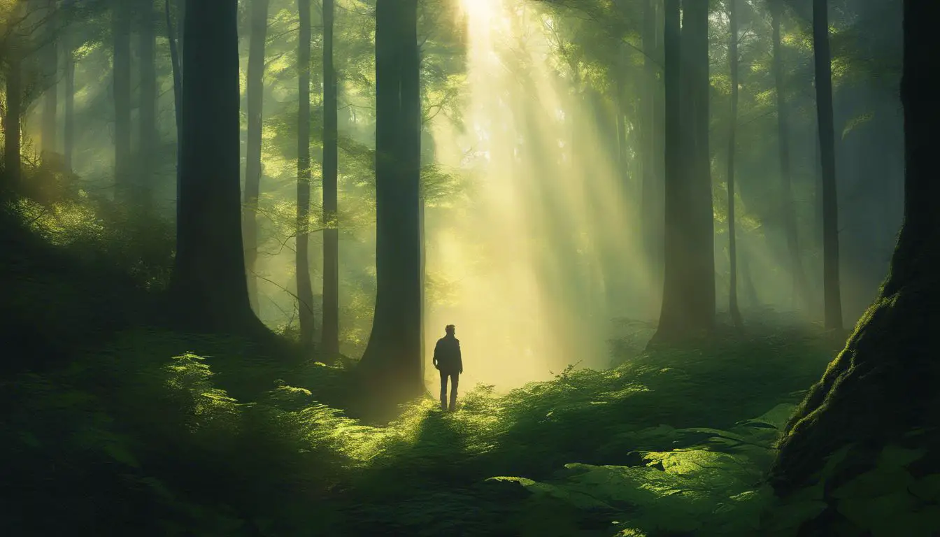 Una persona che cammina attraverso una foresta con la luce del sole che splende attraverso gli alberi.