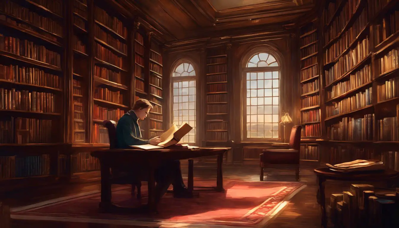 Un uomo è seduto alla scrivania di una biblioteca.