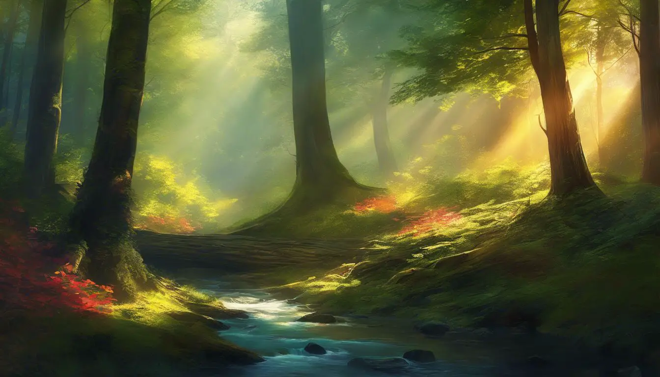 Un dipinto di un ruscello in una foresta.
