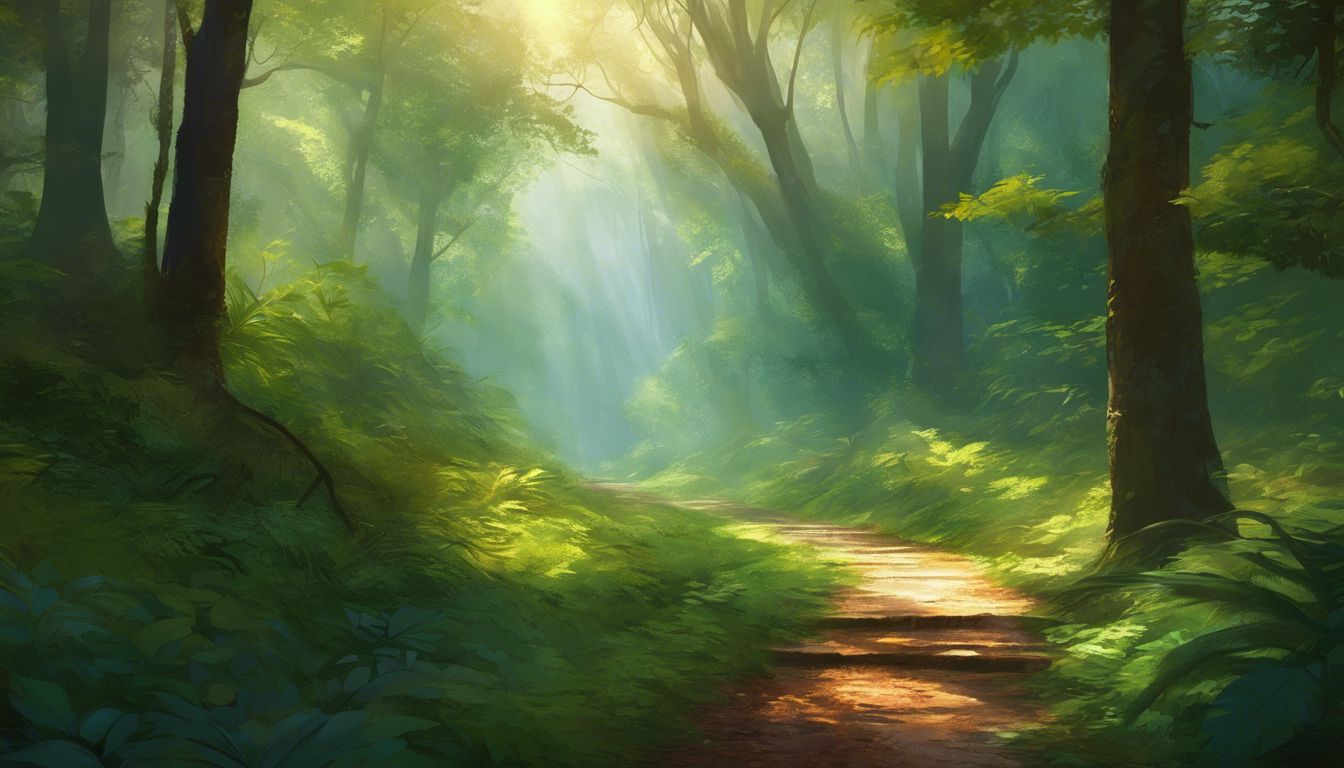 Un dipinto di un sentiero nel bosco.